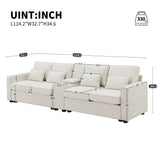 114.2" Upholstered Sofa with Console, 2 Cupholders and 2 USB Ports for Wired or Wireless Charge with 4 Pillows - Beige