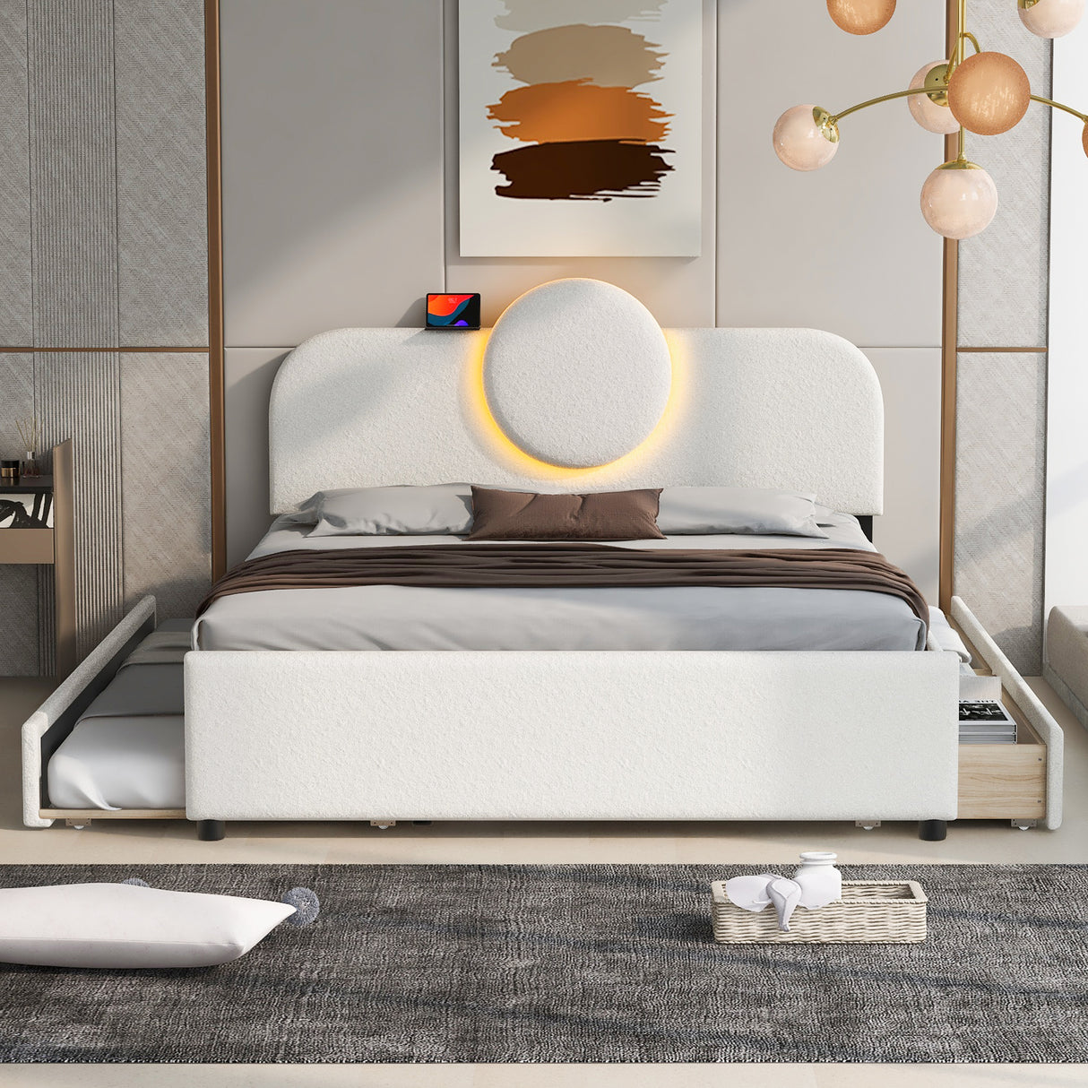 Queen Size Upholstered Platform Bed with Multi-functional Headboard, Trundle and 2 Drawers, White