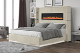 Lizelle Upholstered Queen Bed with Fireplace in Beige Velvet Finish