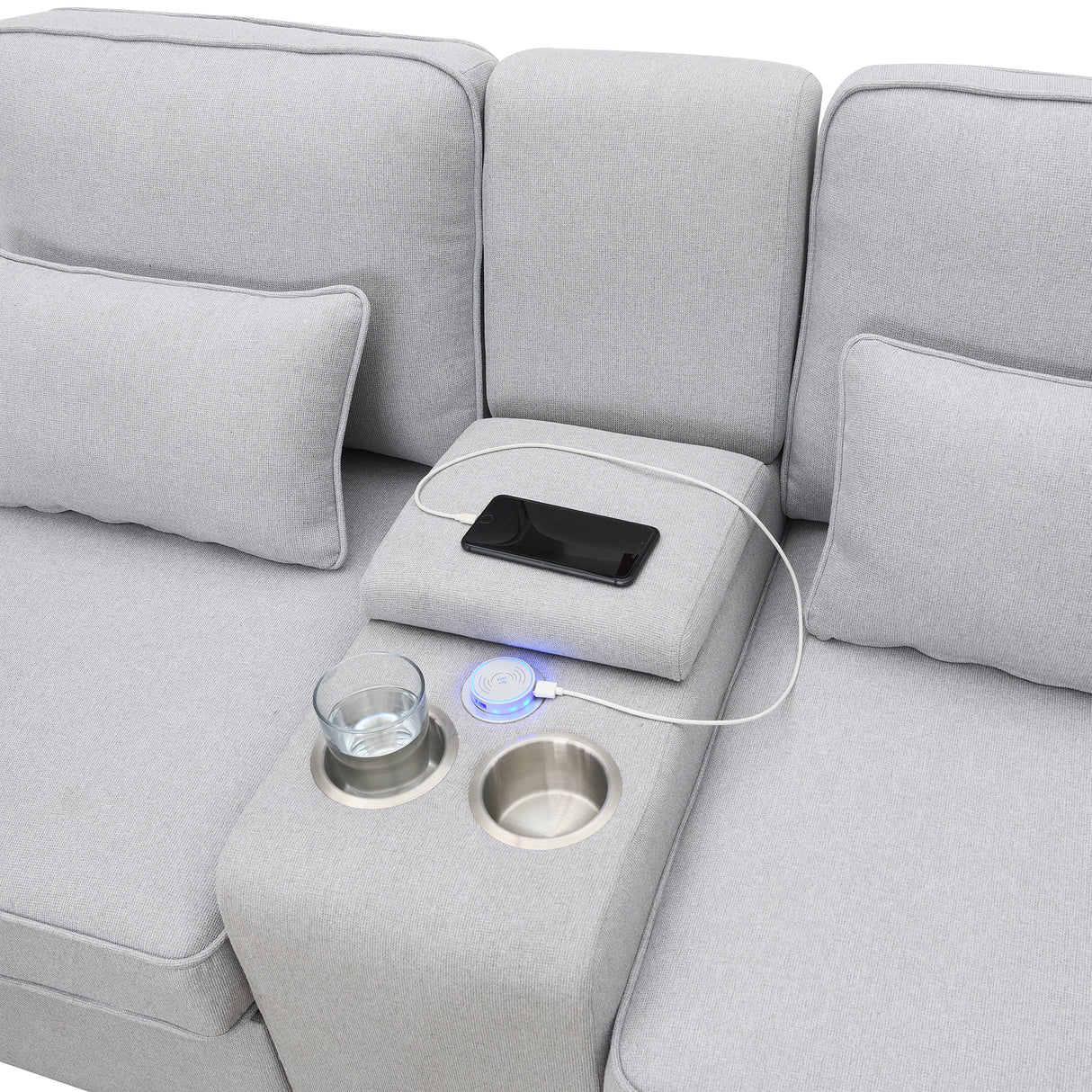 114.2" Upholstered Sofa with Console, 2 Cupholders, 2 USB Ports for Wired or Wireless Charge with 4 Pillows - Light Gray