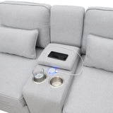 114.2" Upholstered Sofa with Console, 2 Cupholders, 2 USB Ports for Wired or Wireless Charge with 4 Pillows - Light Gray