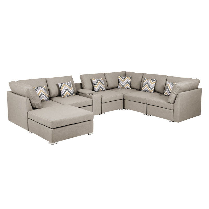 Lucy - Fabric Reversible Modular Sectional Sofa With USB Console And Ottoman - Beige