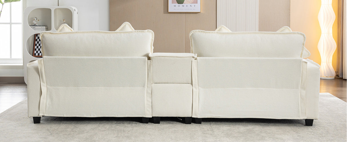 112.6" Chenille Upholstered Sofa with Two Ottomans, Two USB Ports, Two Cup Holders and Large Storage Box - Beige