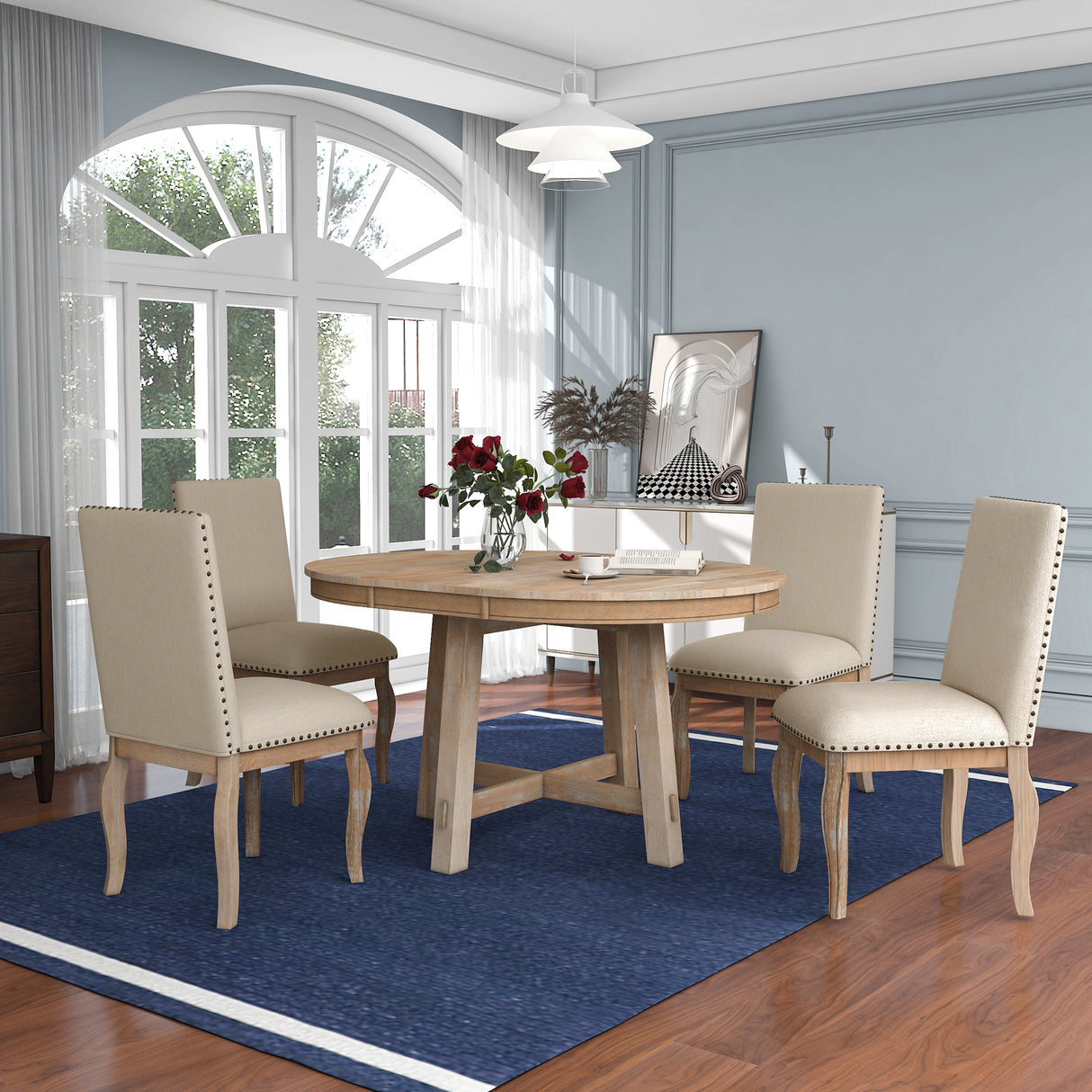 5-Piece Farmhouse Dining Table Room Set With Round Extendable Table and 4 Upholstered Dining Chairs (Natural Wood Wash)