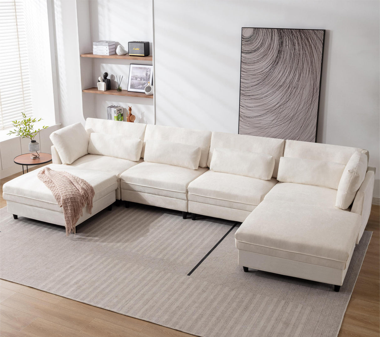 Oversized Modular Fabric Sofa with Pillows and 2 Ottomans - Beige