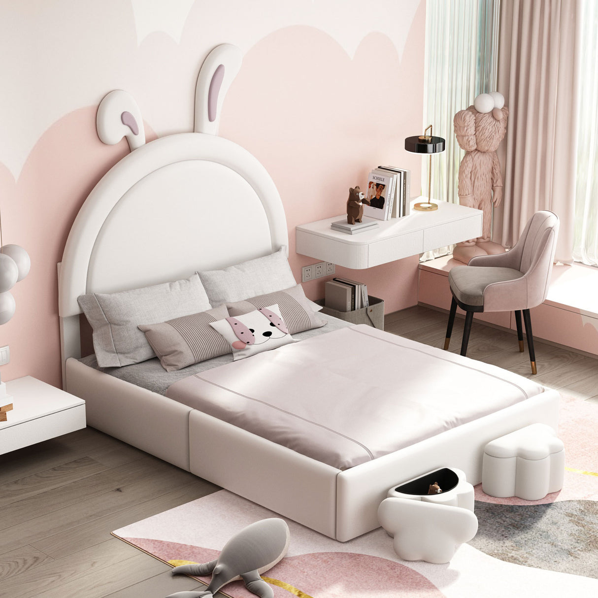 Full size Upholstered Rabbit-Shape Bed with 2 Storage Stools and Cartoon Ears Shaped Headboard, White