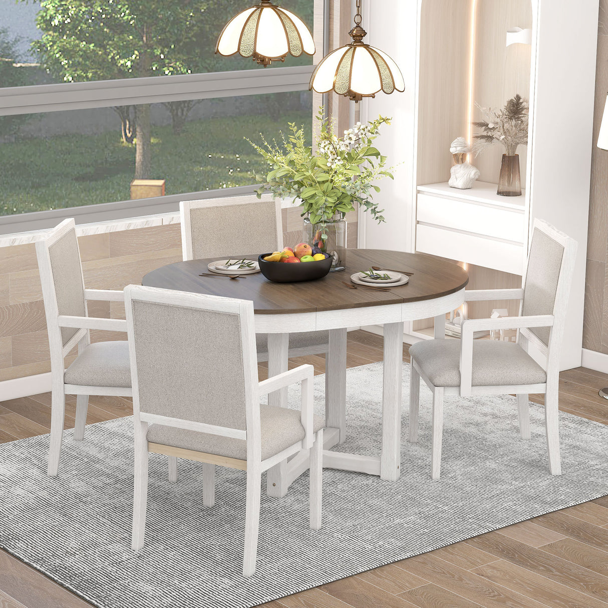 TREXM 5-Piece Dining Set With  Butterfly Leaf and 4 Upholstered Dining Chairs (Brown+White)