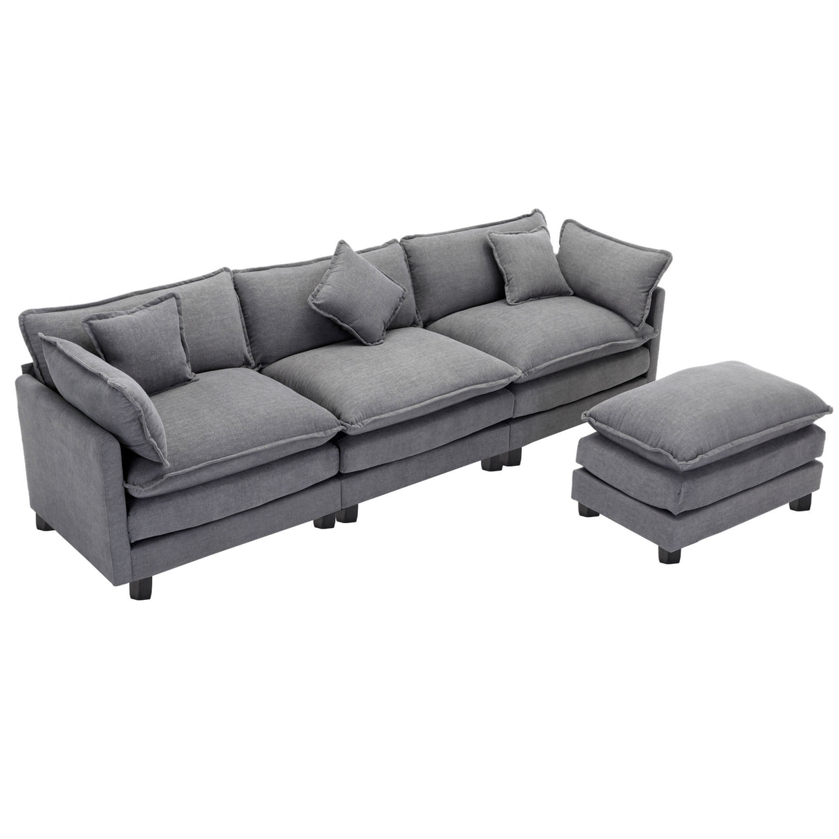 112.2" Chenille Upholstered Sofa with Ottoman and 5 Pillows - Gray