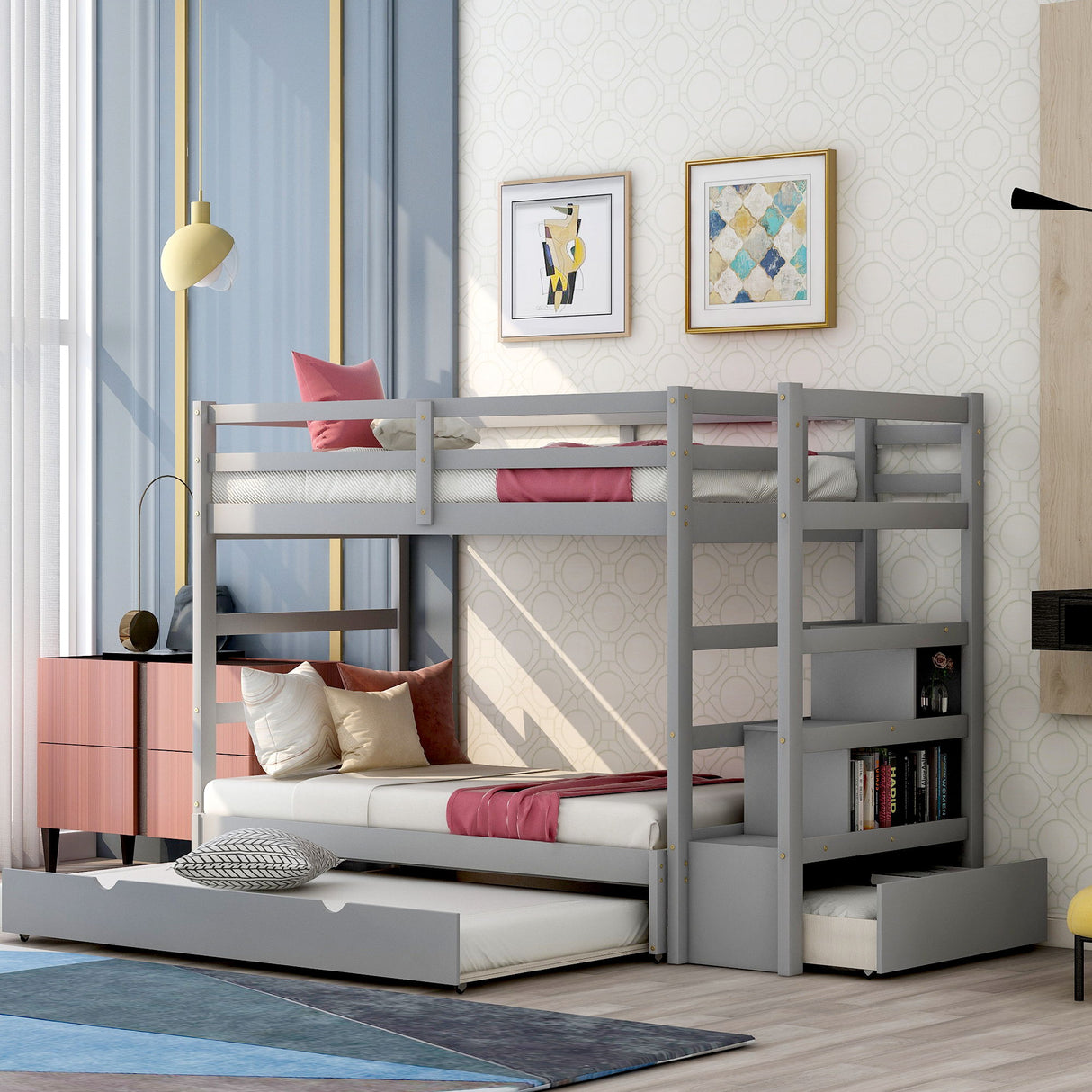 Twin Over Twin Bunk Bed With Twin Size Trundle - Gray