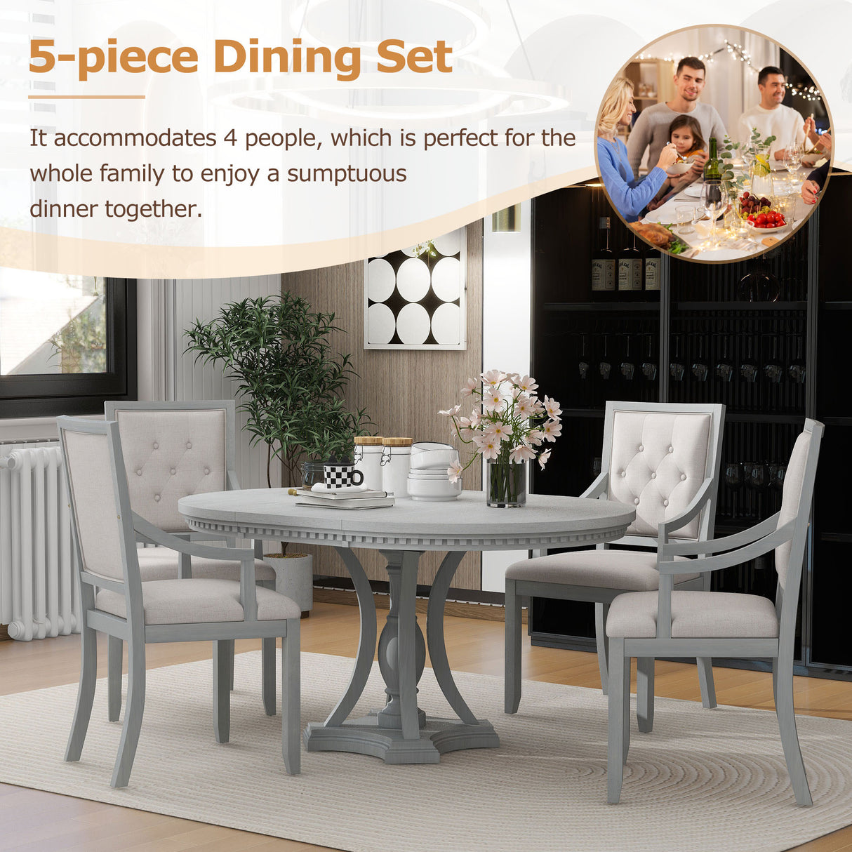 TREXM Retro 5-piece Dining Set with One Leaf (ANTIQUE GRAY OAK)