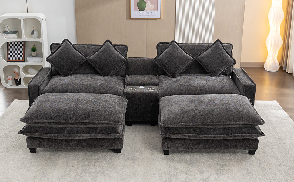 112.6" Chenille Upholstered Sofa with Two Ottomans, Two USB Ports, Two Cup Holders and Large Storage Box -Dark Gray