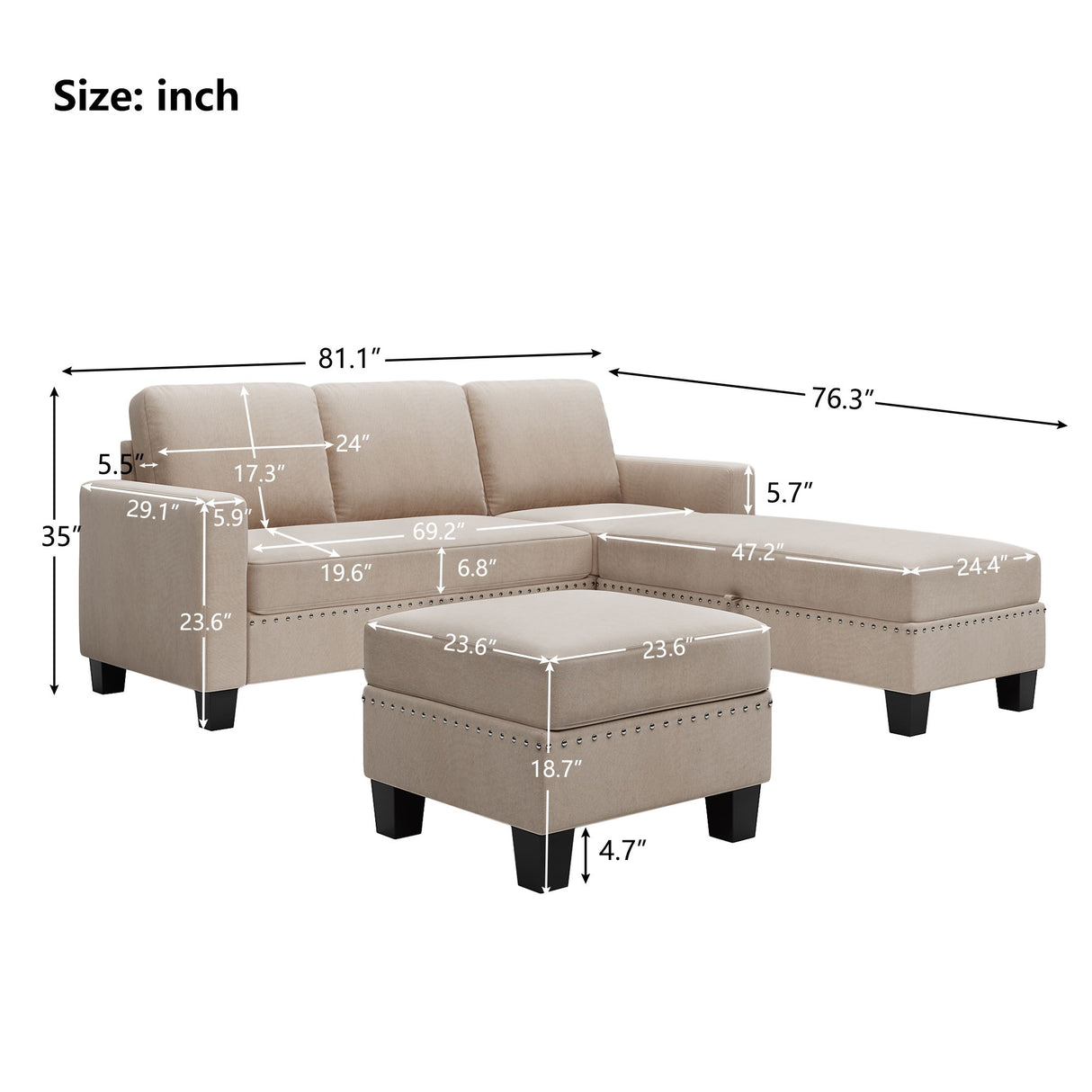 Reversible Sofa chaise With Storage Ottoman and Nailheaded Textured Fabric - Warm Gray