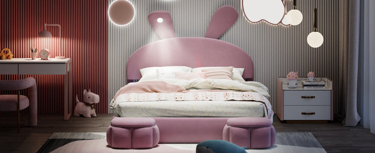 Full Size Upholstered Platform Bed with Cartoon Ears Shaped Headboard and Light, Pink