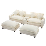 112.6" Chenille Upholstered Sofa with Two Ottomans, Two USB Ports, Two Cup Holders and Large Storage Box - Beige