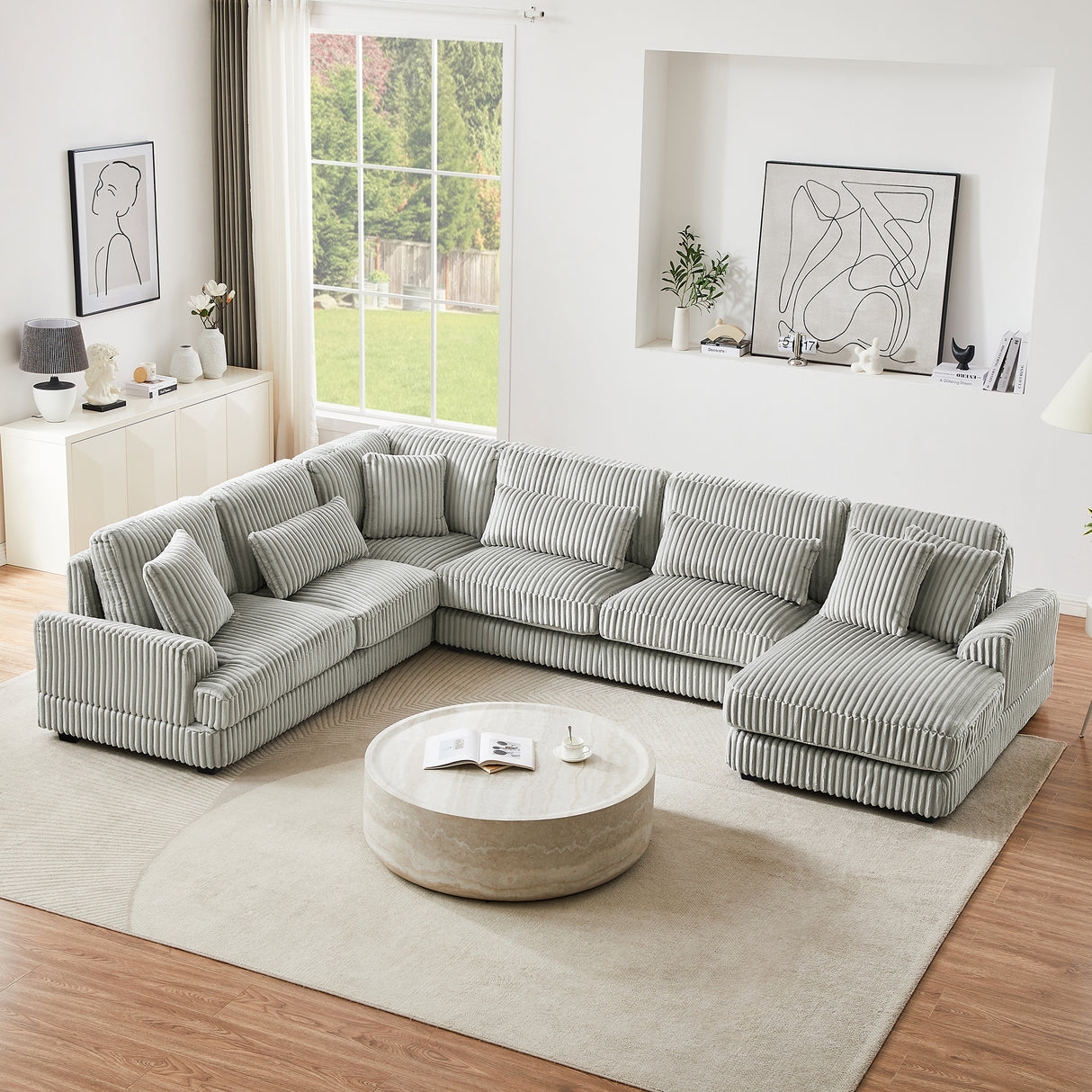 129" Oversized U-shaped Sofa Sectional in Soft Corduroy with a Chaise Lounge , Grey