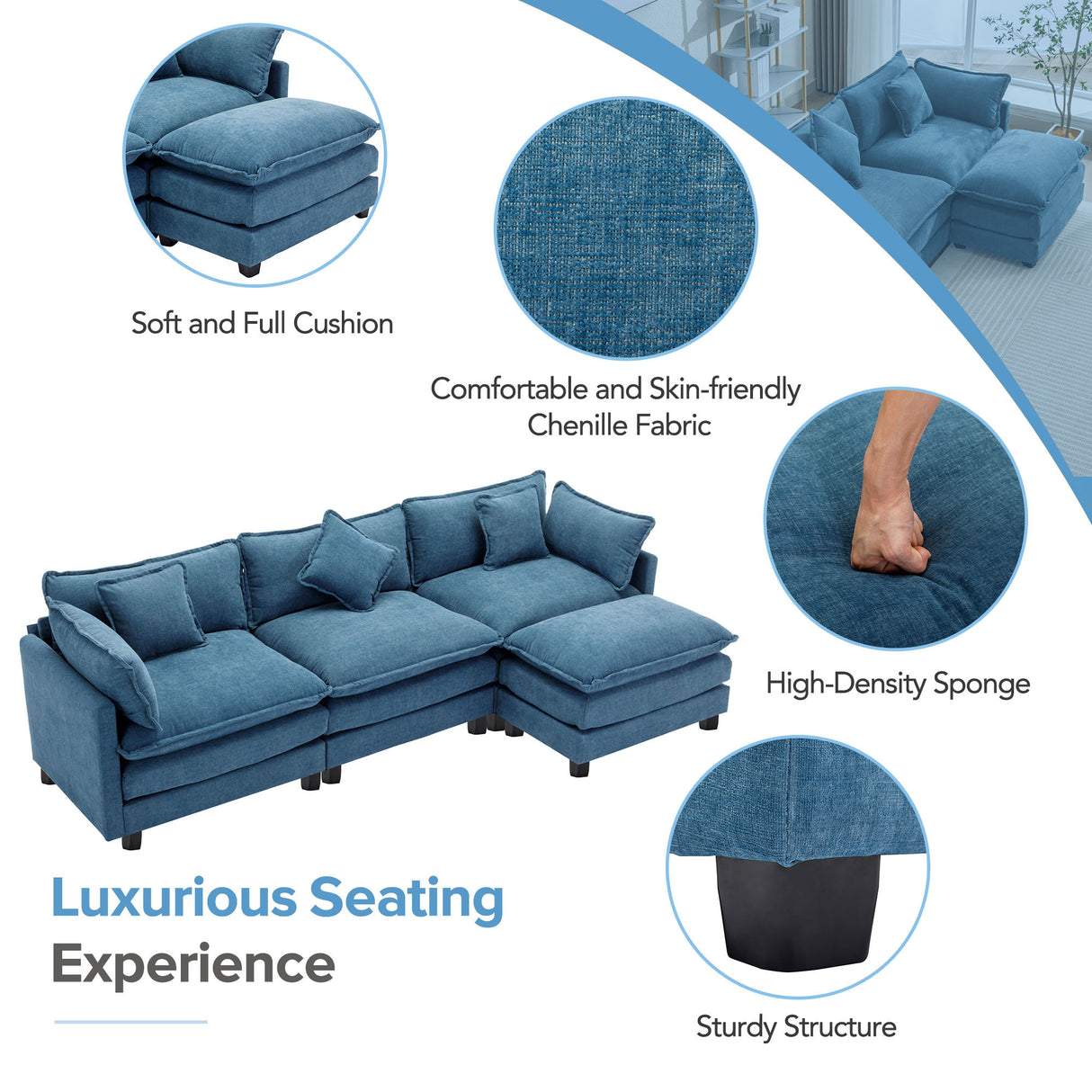 112.2" Chenille Upholstered Sofa with Ottoman and 5 Pillows - Blue