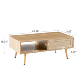 41.34" Rattan Coffee Table, Sliding Door For Storage, Solid Wood Legs, Modern Table For Living Room