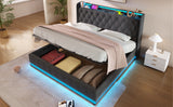 King Upholstered Bed With 360 Surround LED, Remote Control, Hydraulic Storagew and USB Type-C Charging - Gray