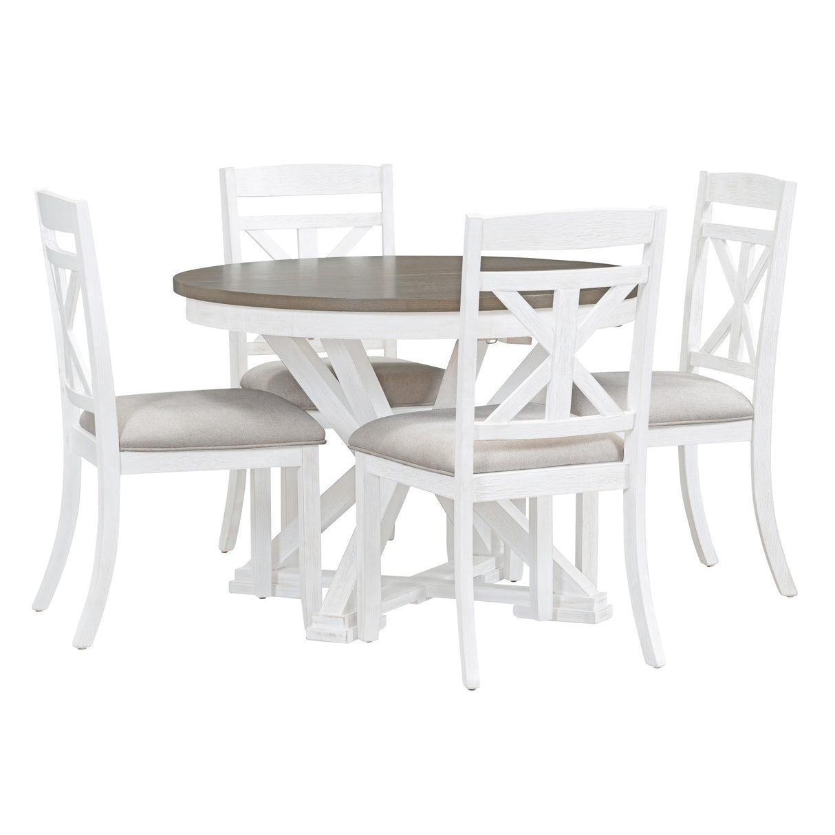 TREXM 5-Piece Dining Set with Butterfly Leaf and 4 Upholstered Chairs (Brown+Antique White)