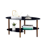 Oval Glass Coffee Table, Modern Table In Living Room Oak Wood Leg Tea Table 3-Layer Tempered Glass Table - Brown / Black