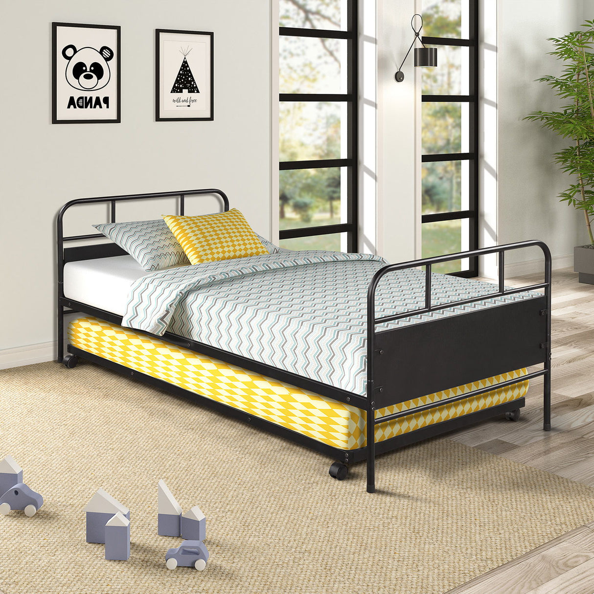 Twin Size Metal Platform Bed With Trundle and Built In Casters - Black