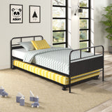 Twin Size Metal Platform Bed With Trundle and Built In Casters - Black