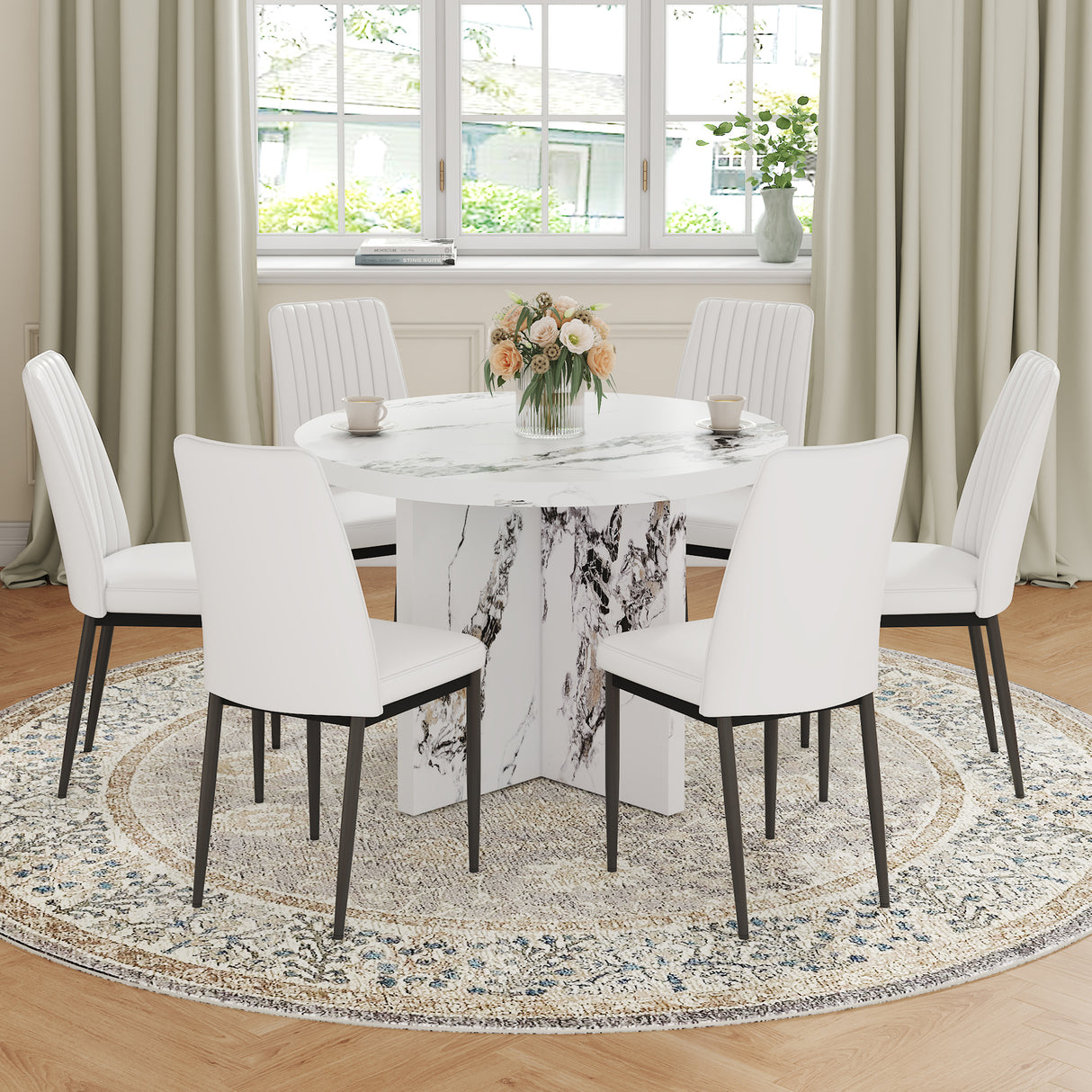 7 Piece Round Dining Table Set with 6 Upholstered Chairs - White