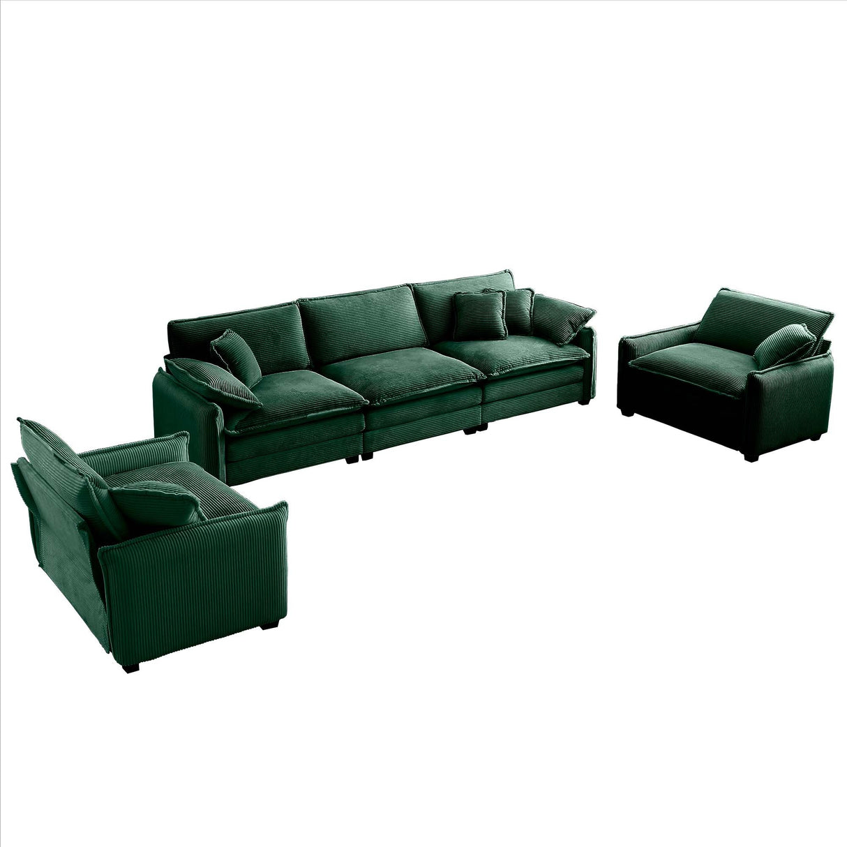 3 Piece Living Room Set in Corduroy Fabric - Green