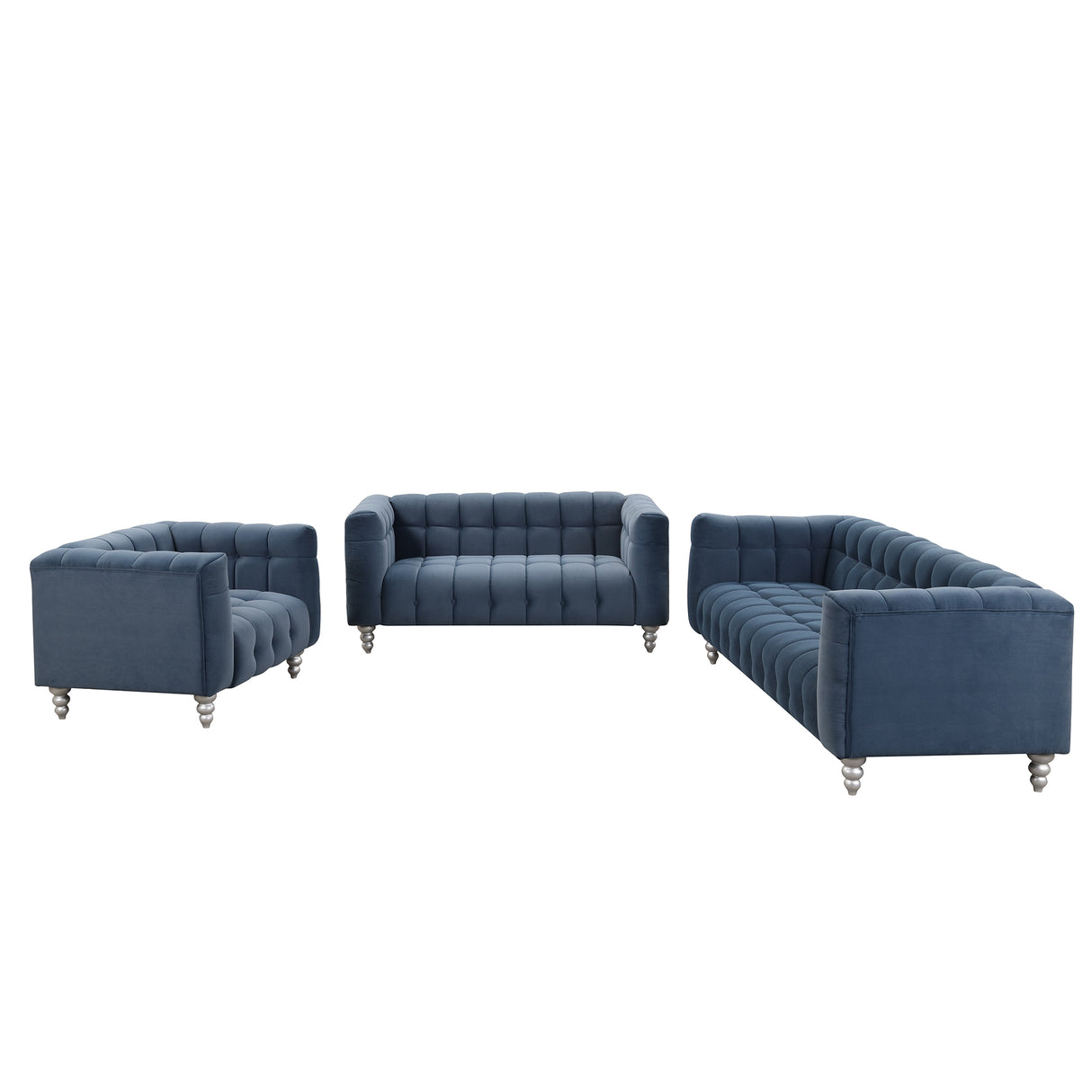 Modern 3-Living Room Set Including Sofa, love seat and Chair with solid wood legs, buttoned tufted backrest - Blue