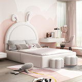 Full size Upholstered Rabbit-Shape Bed with 2 Storage Stools and Cartoon Ears Shaped Headboard, White