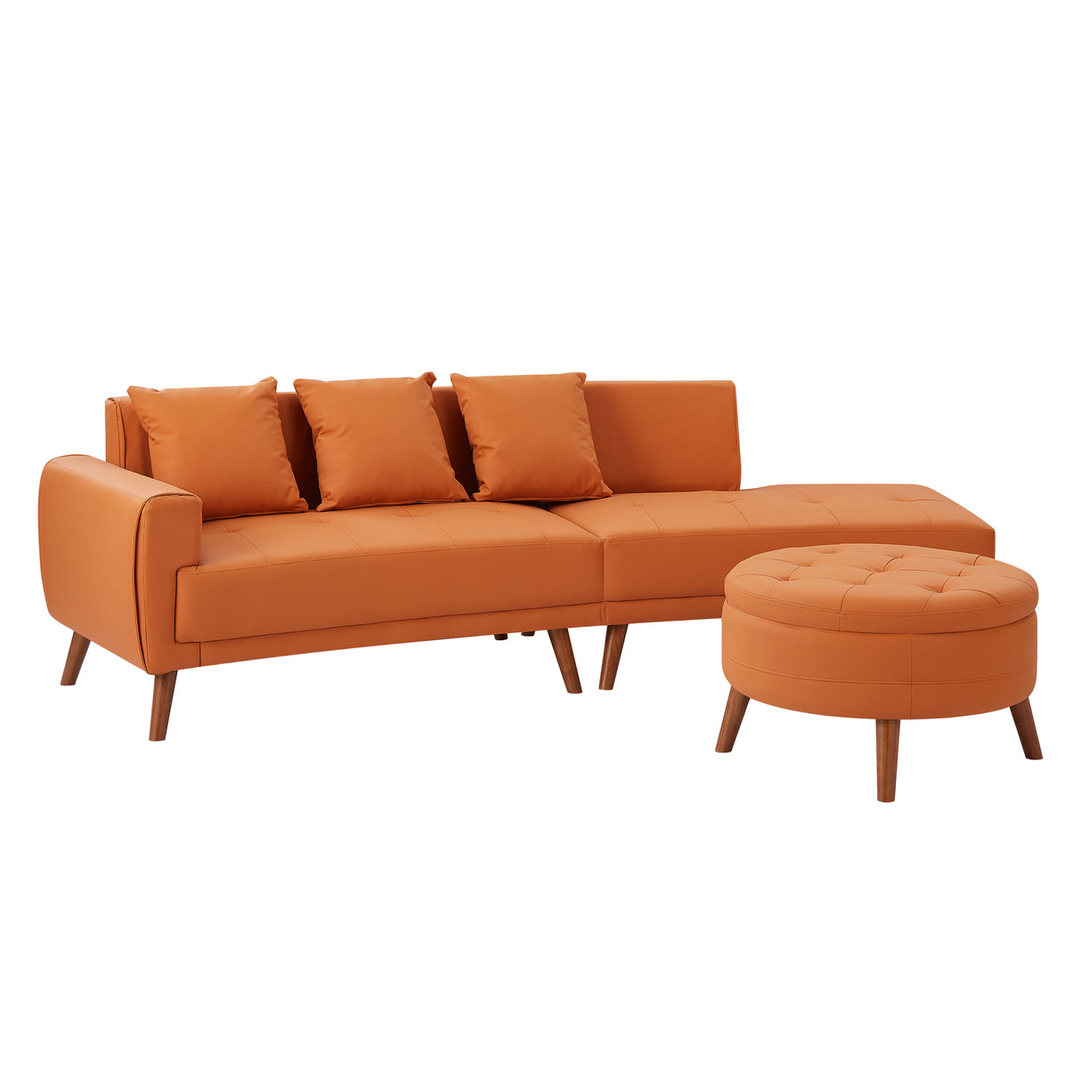 107" Contemporary Sofa with a Round Storage Ottoman and Three Removable Pillows - Orange