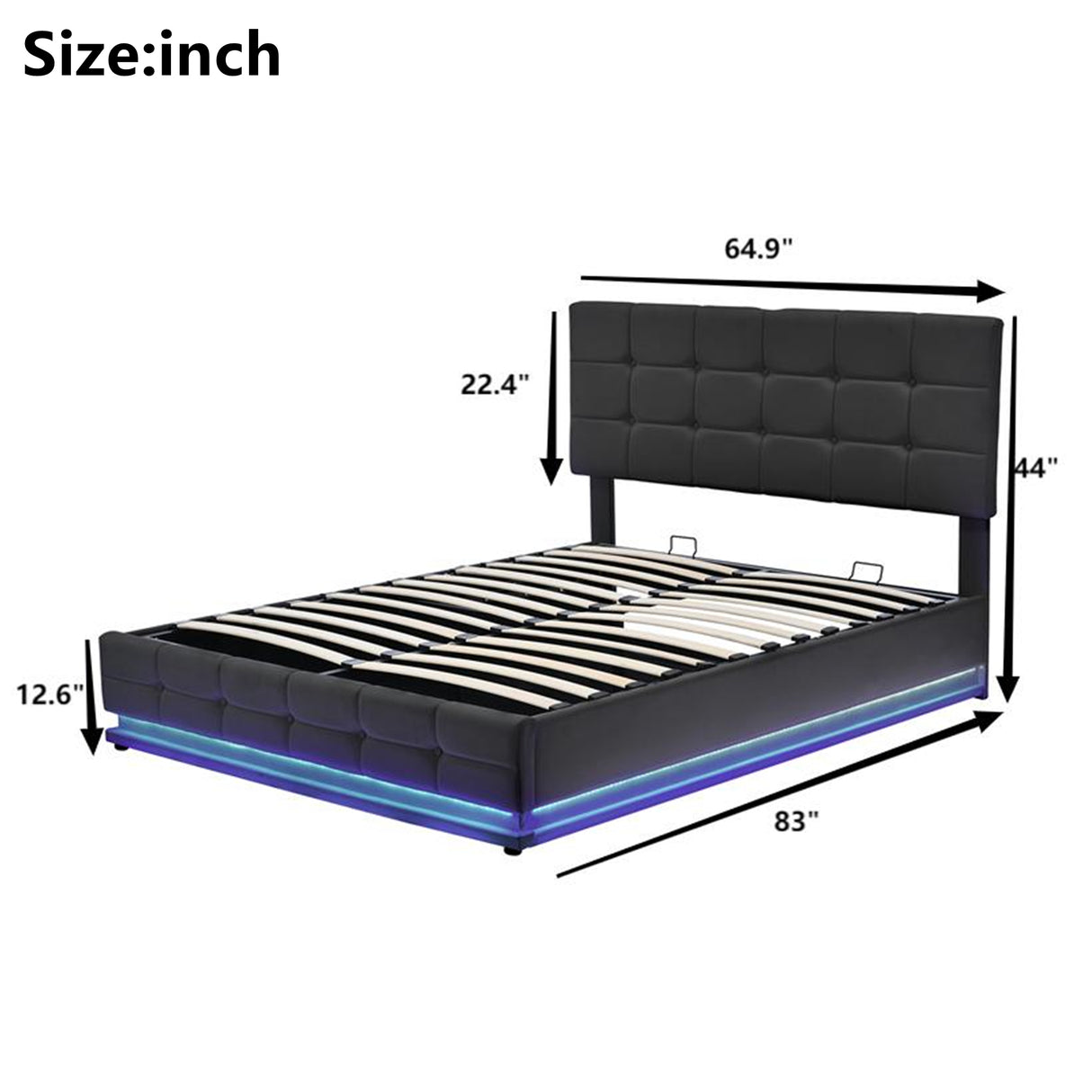 Queen Tufted Upholstered Platform Bed with Hydraulic Storage System with LED Lights and USB charger, Black