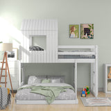 Twin Over Full Loft Bed With Playhouse, Ladder And Guardrails - White