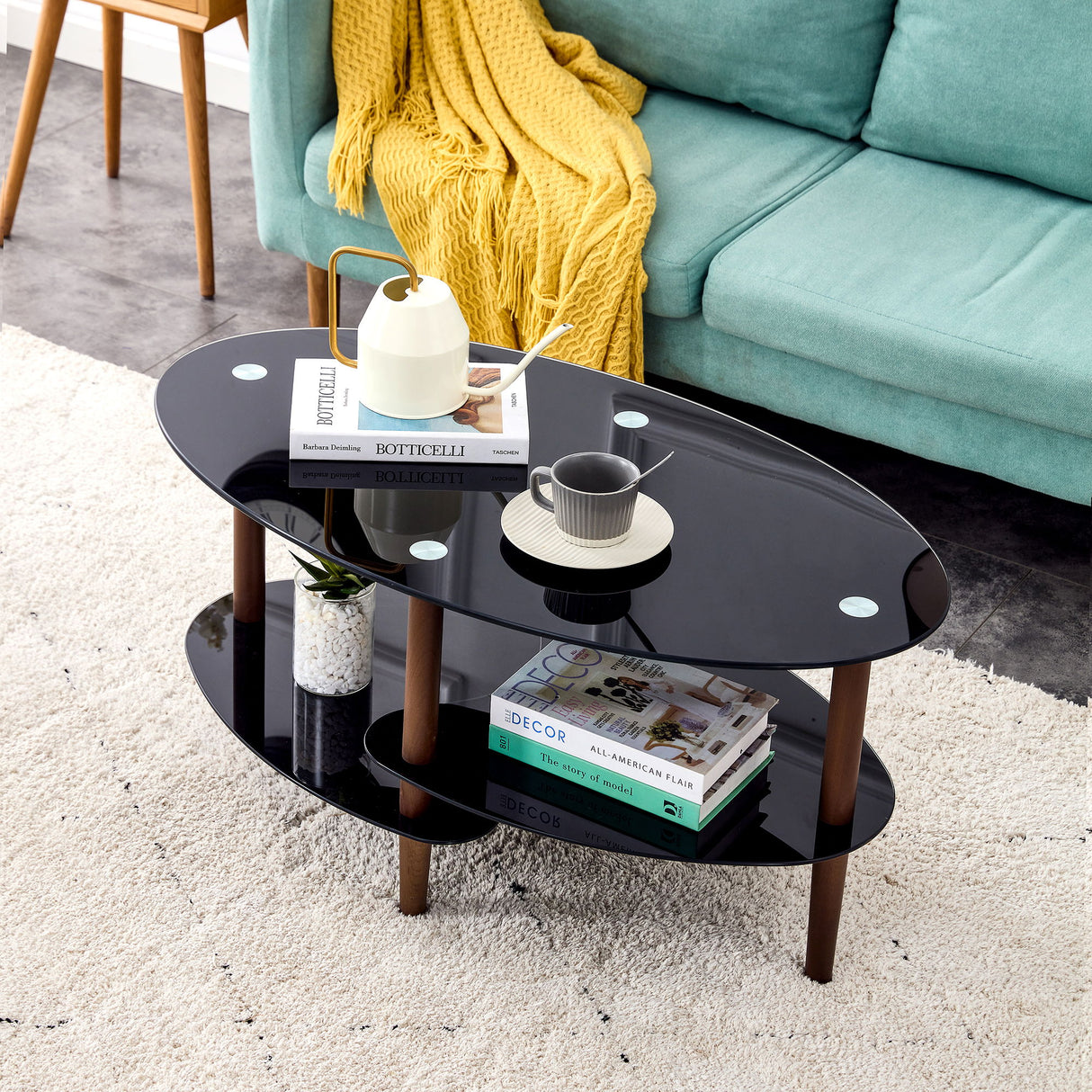 Oval Glass Coffee Table, Modern Table In Living Room Oak Wood Leg Tea Table 3-Layer Tempered Glass Table - Brown / Black