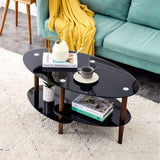 Oval Glass Coffee Table, Modern Table In Living Room Oak Wood Leg Tea Table 3-Layer Tempered Glass Table - Brown / Black