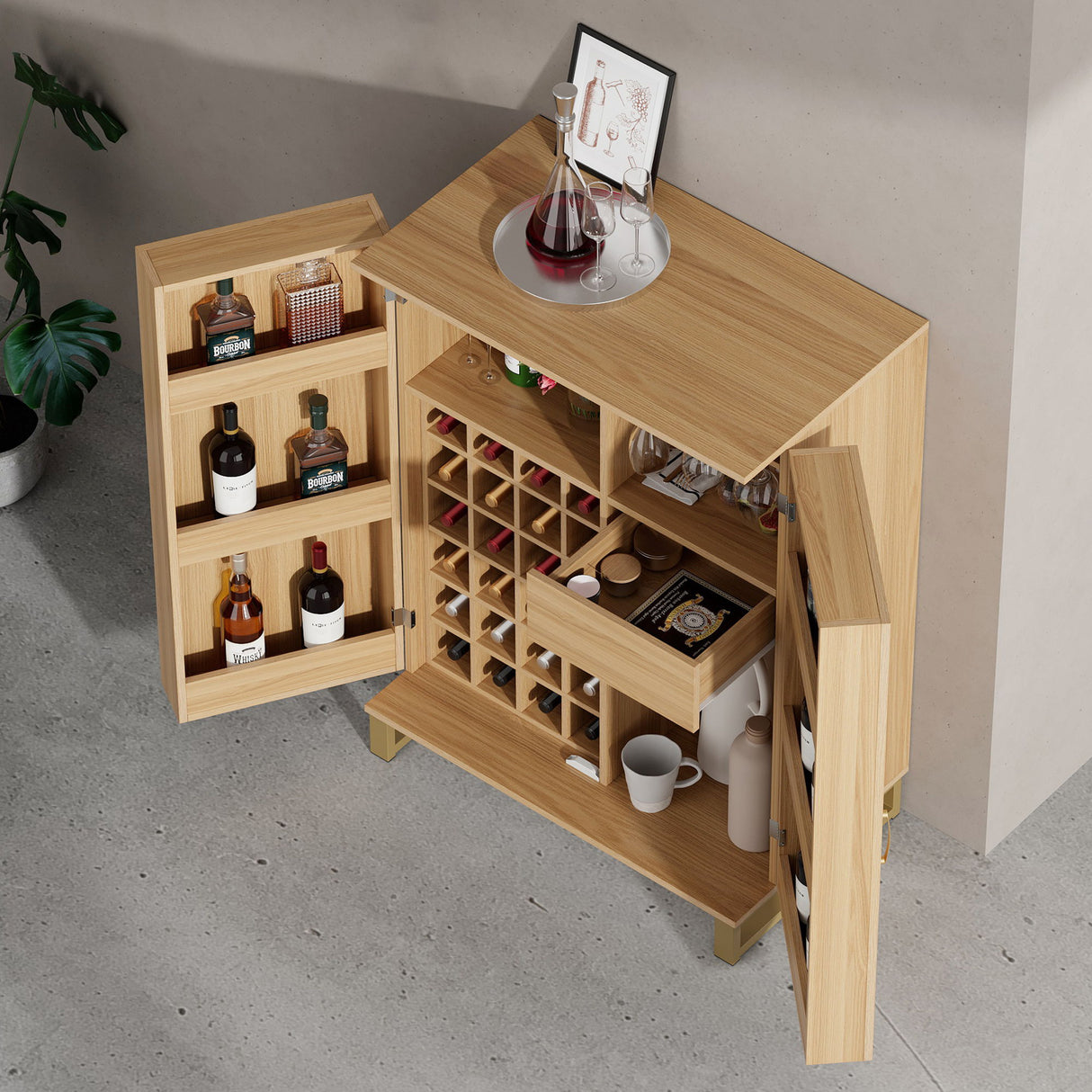 Bar Cabinet Carved Wine Cabinet With Storage - Natural