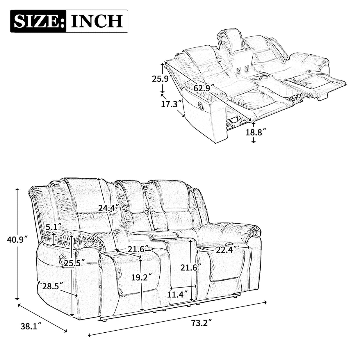 Home Theater Recliner Set Manual Recliner Chair With Wide Armrest, Two Built-In Cup Holders For Living Room