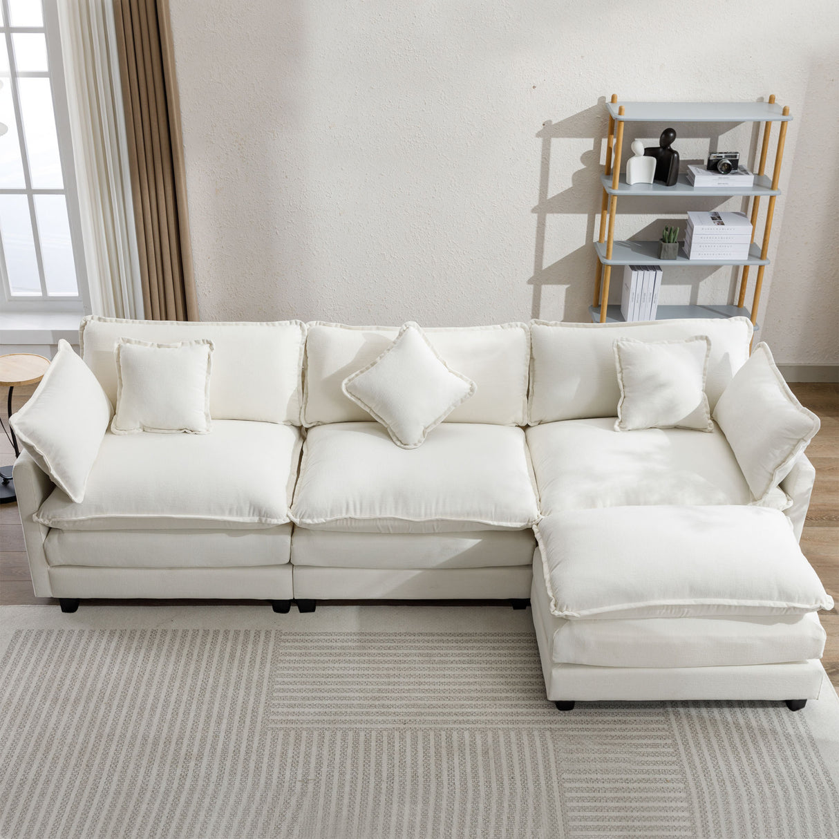 112.2" Chenille Upholstered Sofa with Ottoman and 5 Pillows - Off White