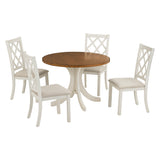 Solid Wood 5-Piece Round Dining Table Set with Upholstered Chairs - Walnut Top +Beige Chair