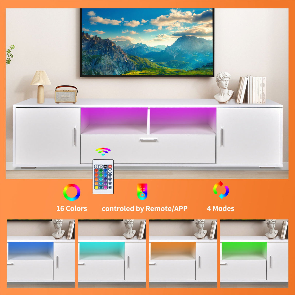 Modern TV Stand With LED Lights With Storage For Up To 75" TVs - White