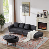 107" Contemporary Sofa with a Round Storage Ottoman and Three Removable Pillows - Black