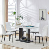 7-Piece Faux Marble Dining Set with 6 Upholstered White Chairs - White/Black