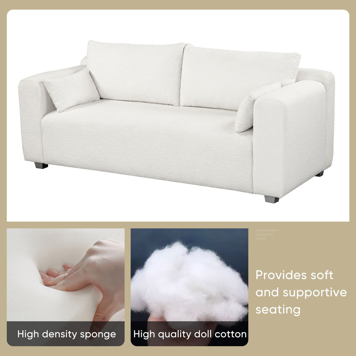 Modern Loop Yarn Sofa With 2 Pillows - White