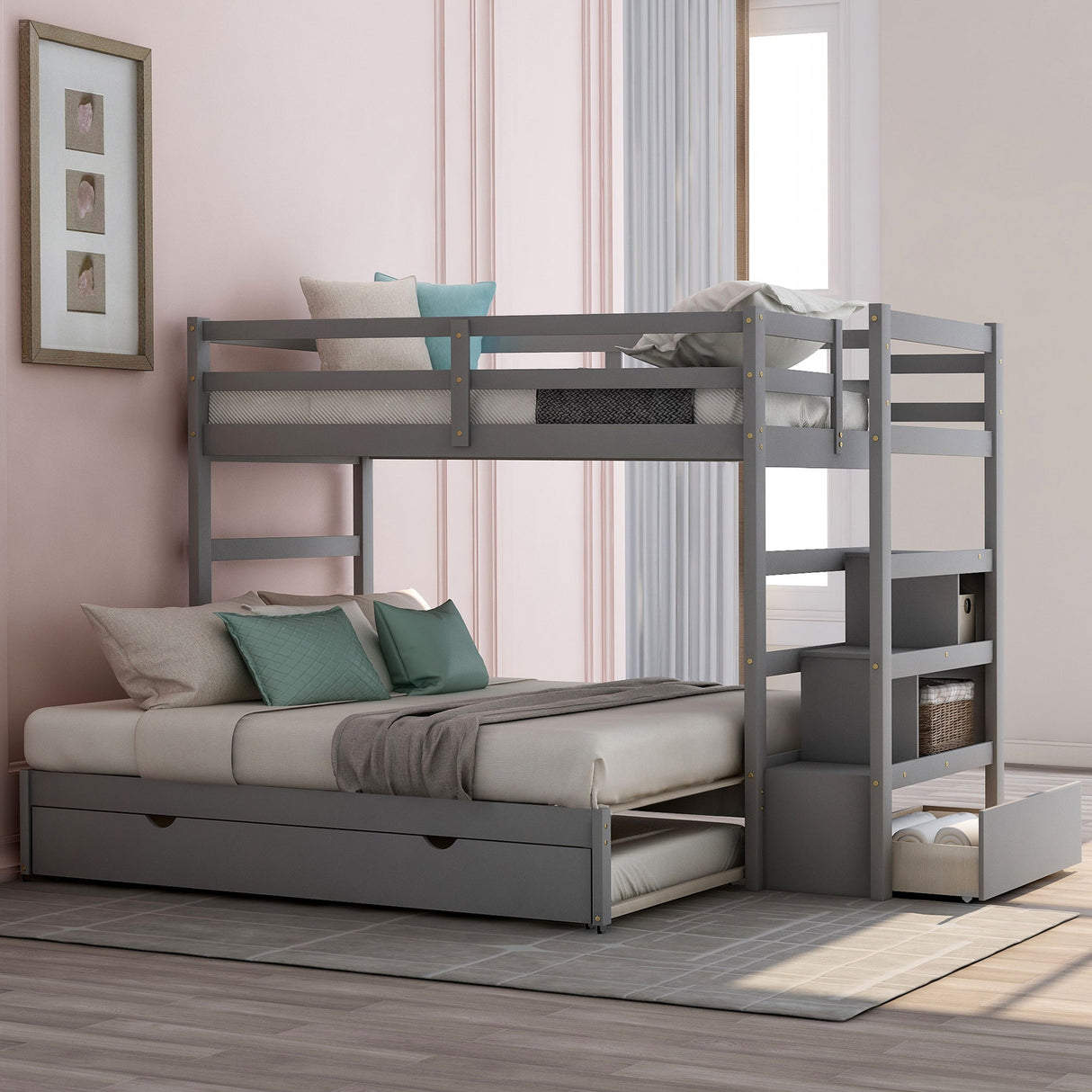 Twin Over Twin Bunk Bed With Twin Size Trundle - Gray