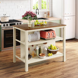 Rustic 3-piece 45" Stationary Kitchen Island Set with 2 Stools and 2 Open Shelves - Walnut + Off White