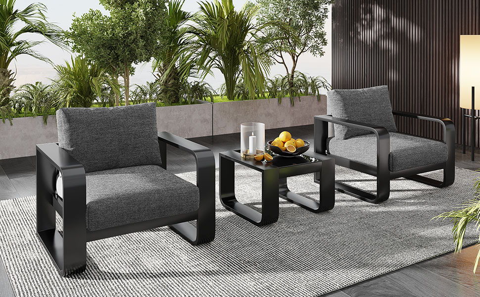 3 Piece Aluminum Frame Patio Furniture With 6.7" Thick Cushion And Coffee Table, All Weather Use Olefin Fabric Outdoor Chair - Gray / Black