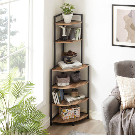 6 Tier Corner Open Shelf Bookcase - Rustic Brown