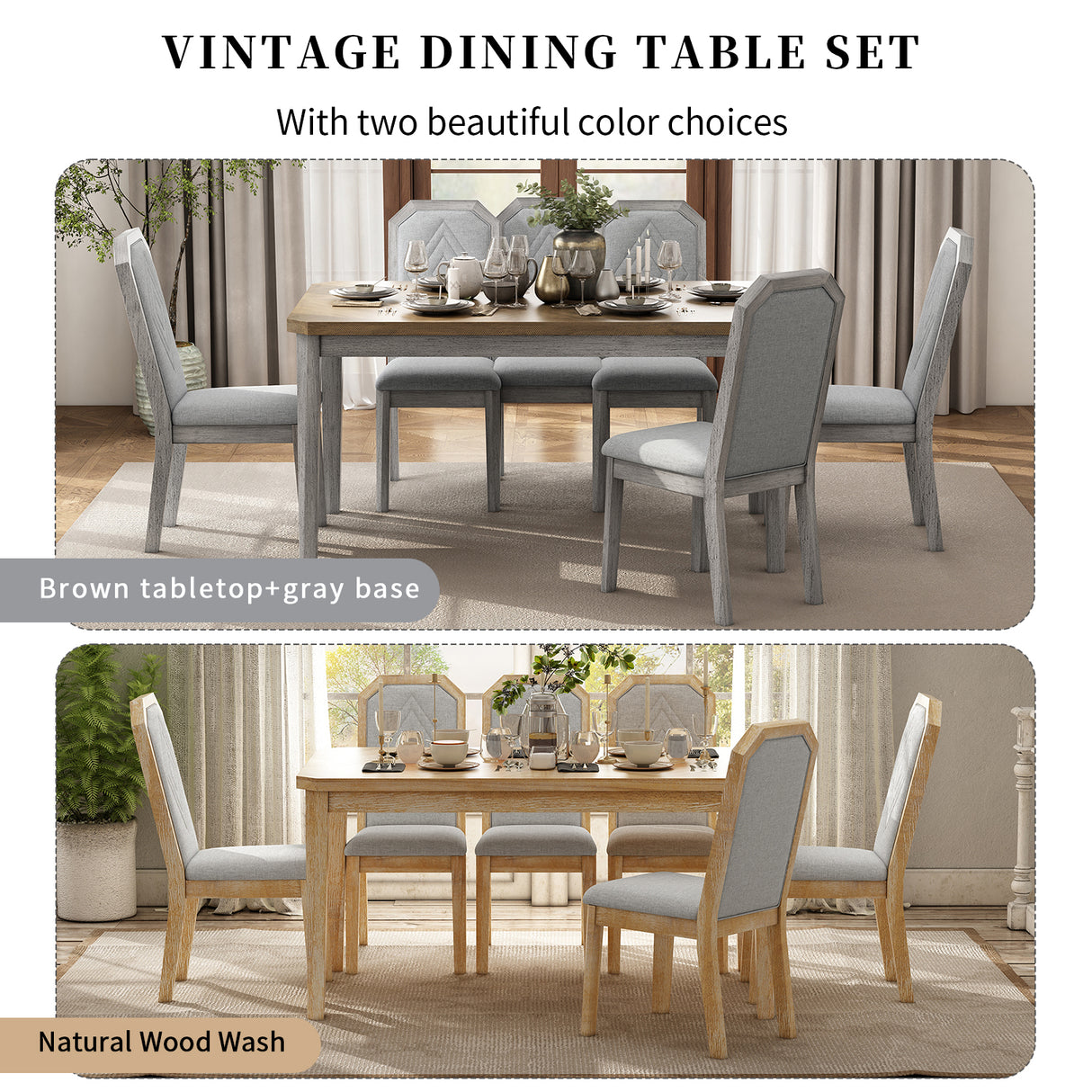 TREXM 7-Piece Farmhouse Dining Set With 6 high-back Chairs (Brown+Gray)