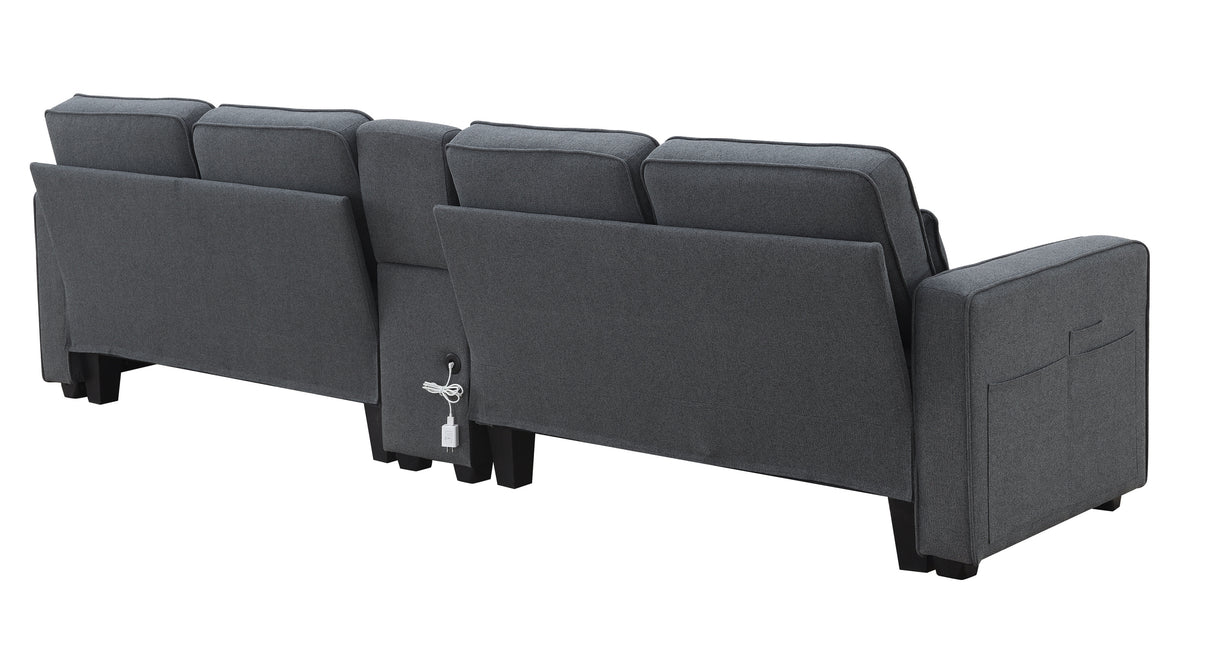 114.2" Upholstered Sofa with Console, 2 Cupholders, 2 USB Ports for Wired or Wireless Charge with 4 Pillows - Charcoal Gray