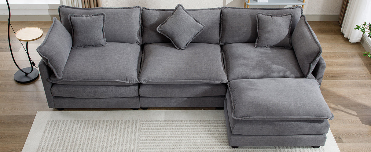 112.2" Chenille Upholstered Sofa with Ottoman and 5 Pillows - Gray